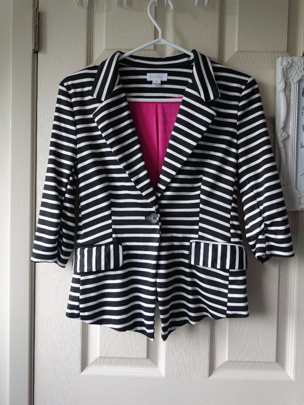 Monteau Black and White Striped Blazer with Pink Lining